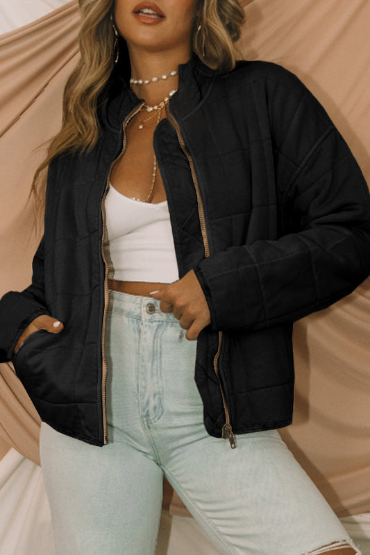 Olive Green Quilted Zip-Up Jacket with Pockets