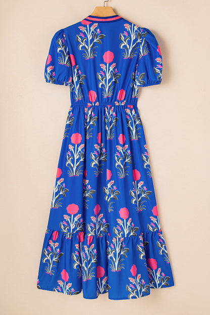 White Floral Contrast Trim V Neck Maxi Dress