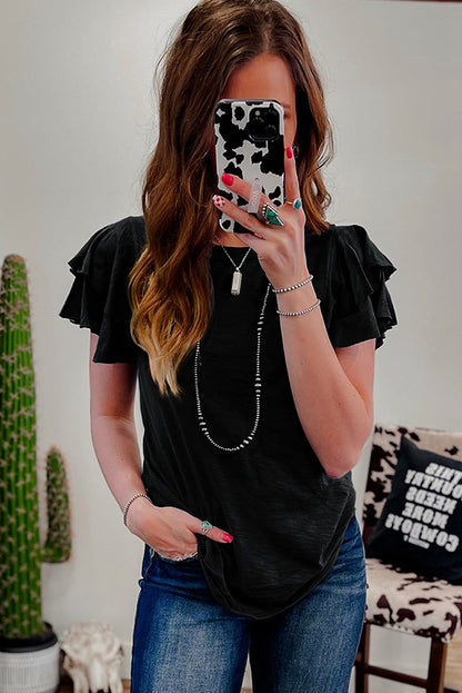 Dark Grey Ruffle Sleeve Casual Tee Boutique Summer Top