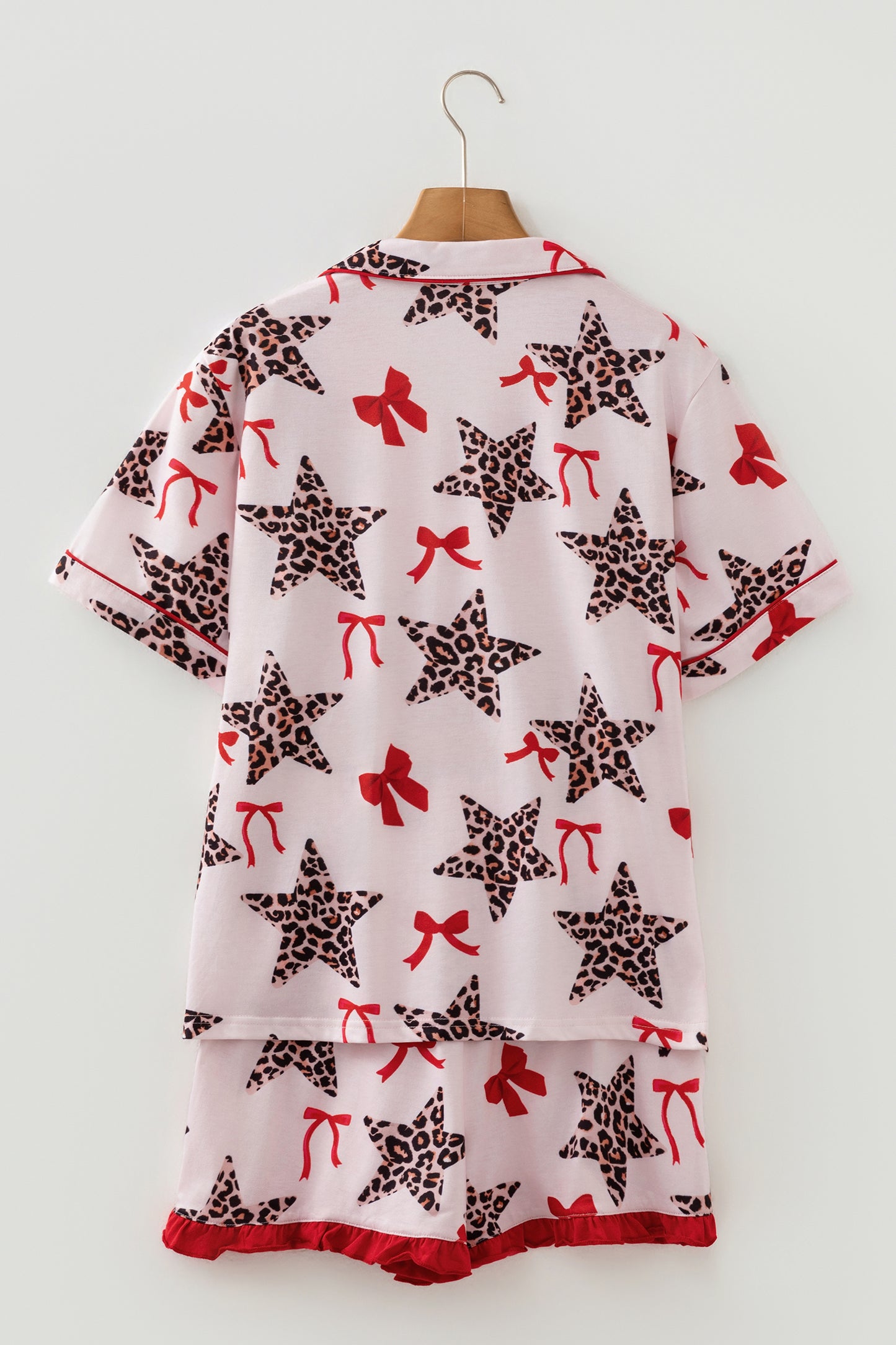Valentine Leopard Star Ribbon Print Contrast Trim Pajama Set