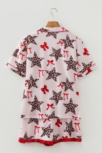 Valentine Leopard Star Ribbon Print Contrast Trim Pajama Set