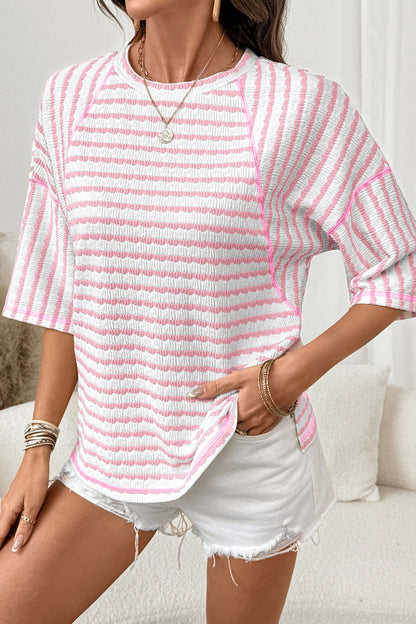 Apricot Stripe Textured Loose Fit Short Sleeve Top