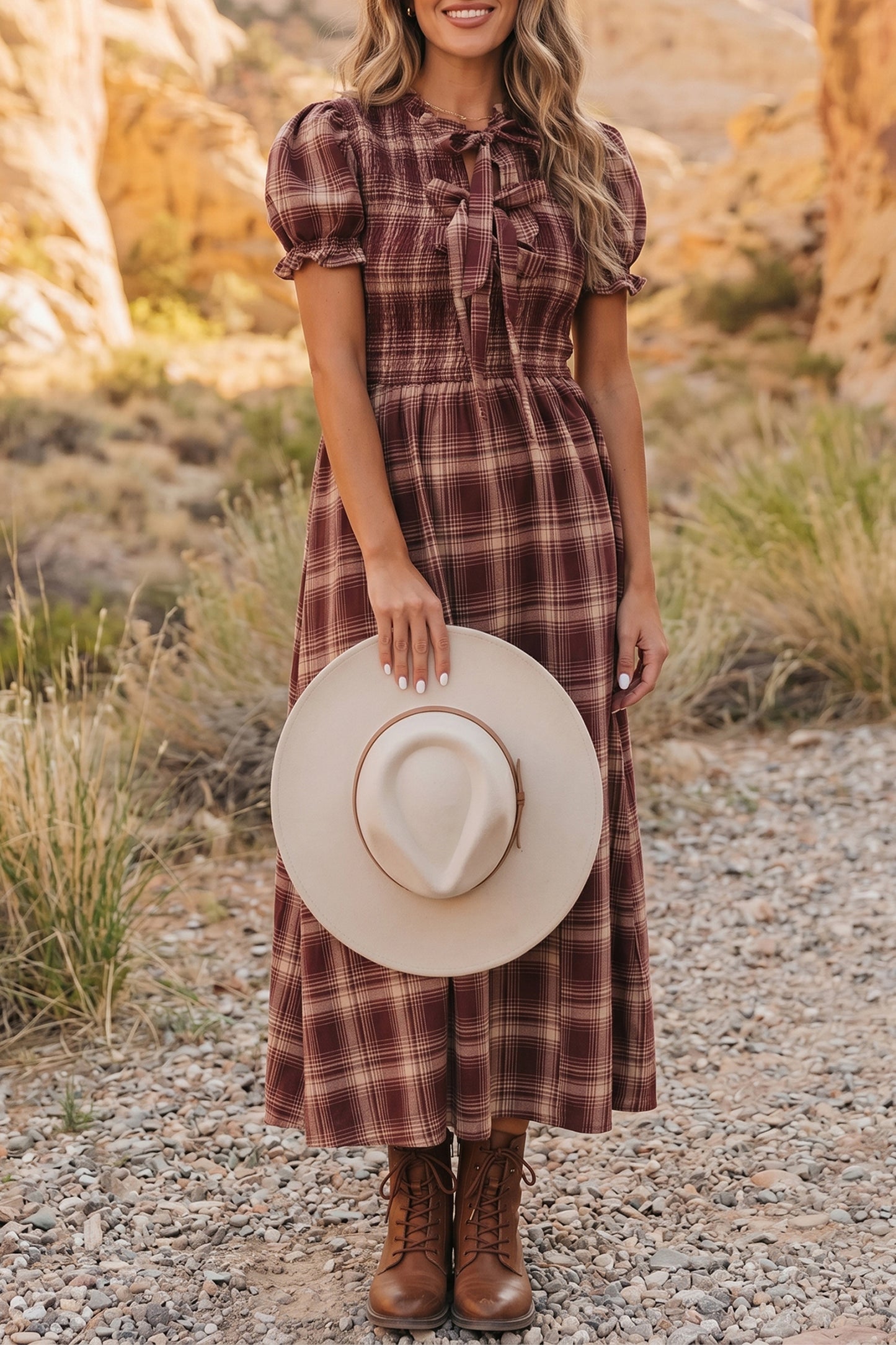 Western Plaid Puff Sleeve Midi Dress Tie Front