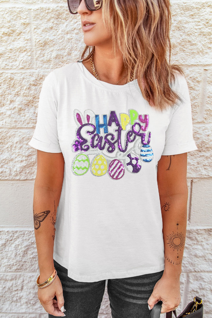 Happy Easter Sequin Patch Graphic Crewneck Tee