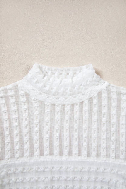 Beige Textured Sheer Lace High Neck Long Sleeve Top