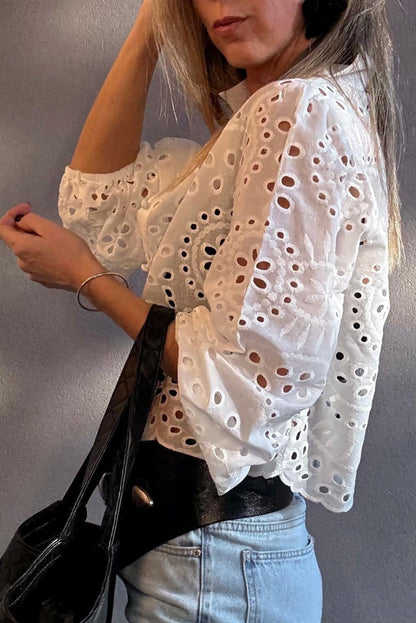 White Eyelet Embroidered Puff Sleeve Button Crop Shirt