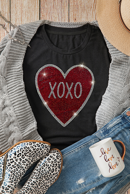 Valentine’s Day Black Rhinestone XOXO Heart Graphic Tee
