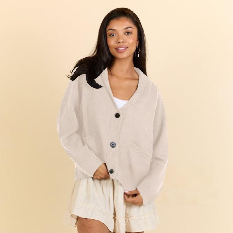Oversized V-Neck Knit Cardigan with Buttons & Pockets