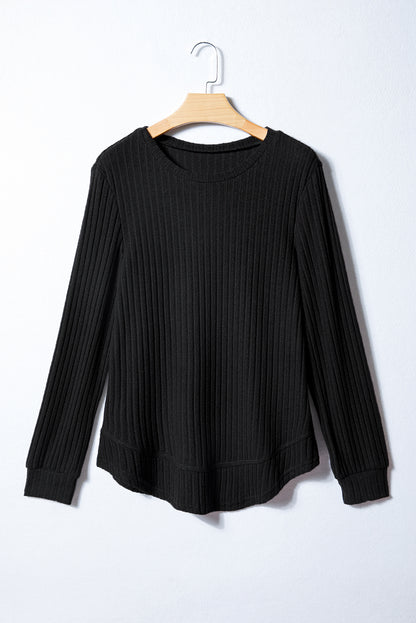 Ribbed Long Sleeve Round Neck Casual Knit Top