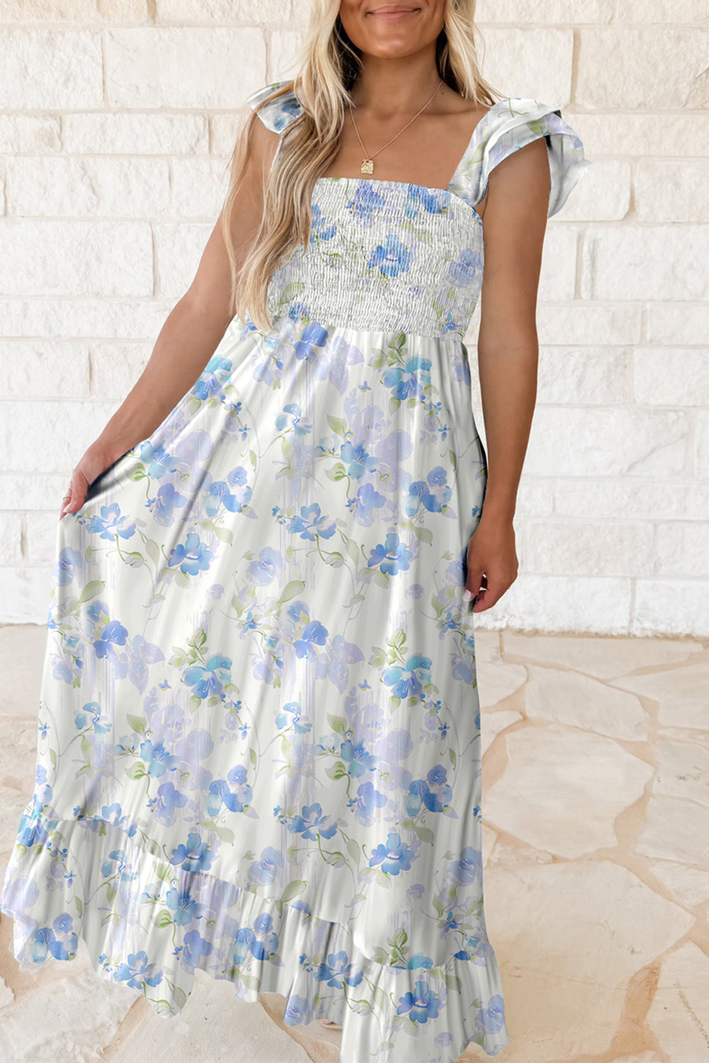 Easter Blue Floral Smocked Maxi Dress