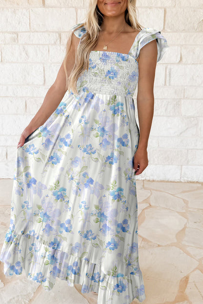Easter Blue Floral Smocked Maxi Dress