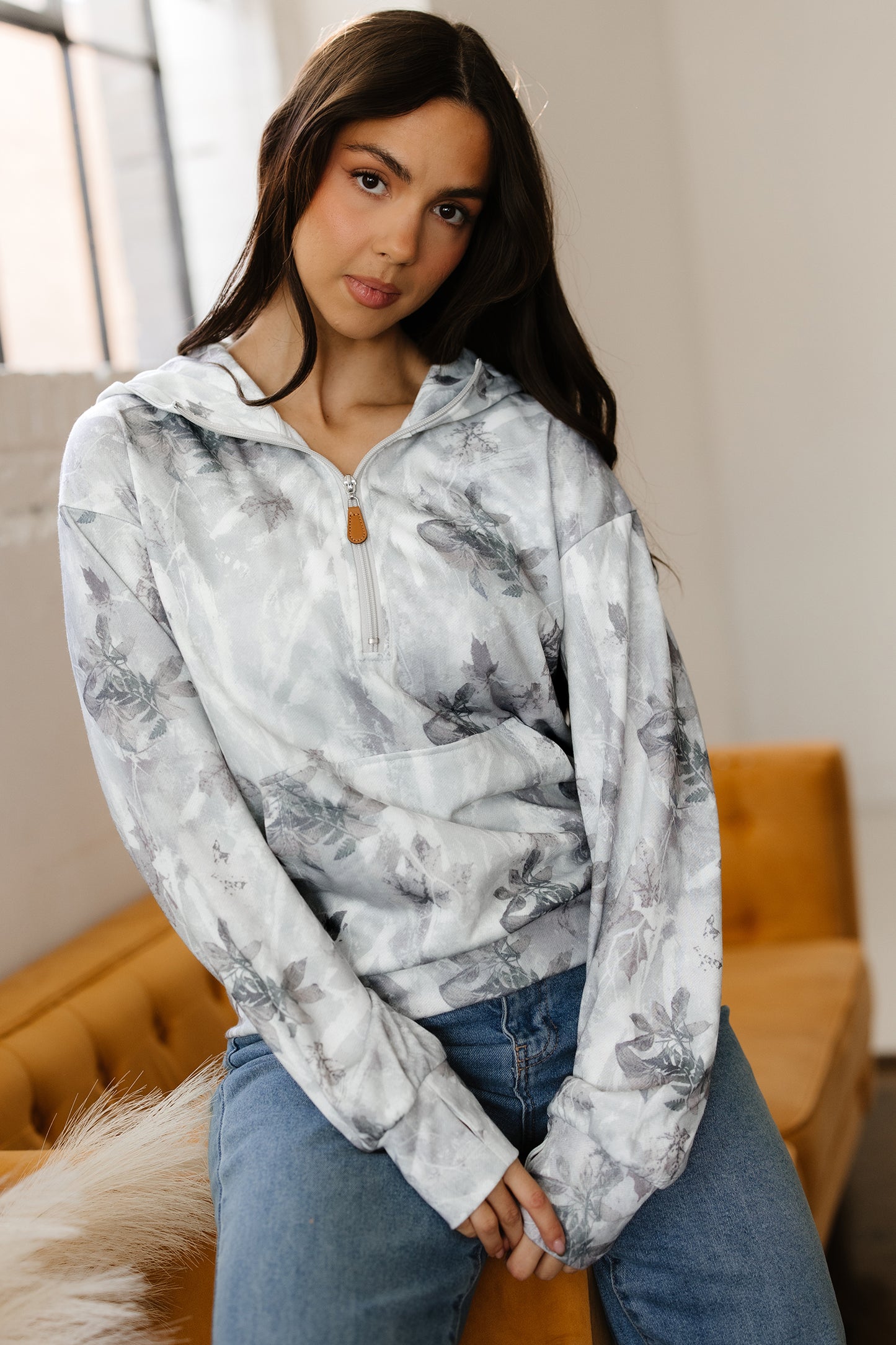 Gray Camo Leaf Print Quarter Zip Hoodie with Pocket