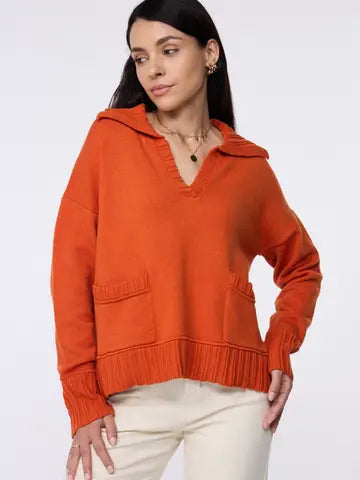 Orange V Neck Collared Knit Sweater with Front Pockets