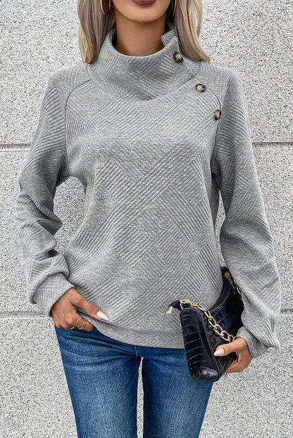 Black Asymmetric Buttons Detail High Neck Textured Sweatshirt