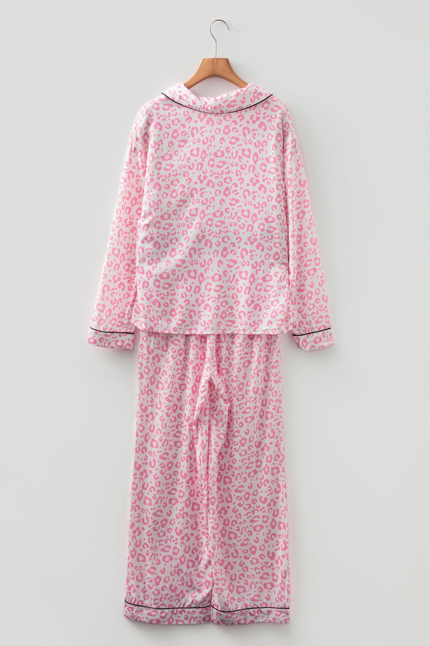 Pink Leopard Satin Pajama Set Long Sleeve Button Down Sleepwear