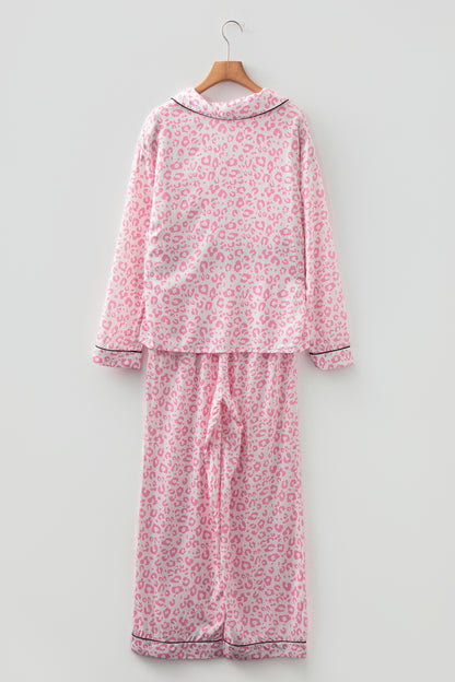 Pink Leopard Satin Pajama Set Long Sleeve Button Down Sleepwear