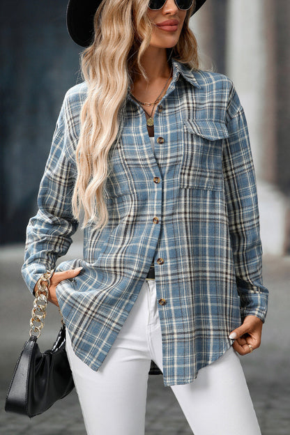 Plaid Long Sleeve Button Down Shirt with Chest Pockets