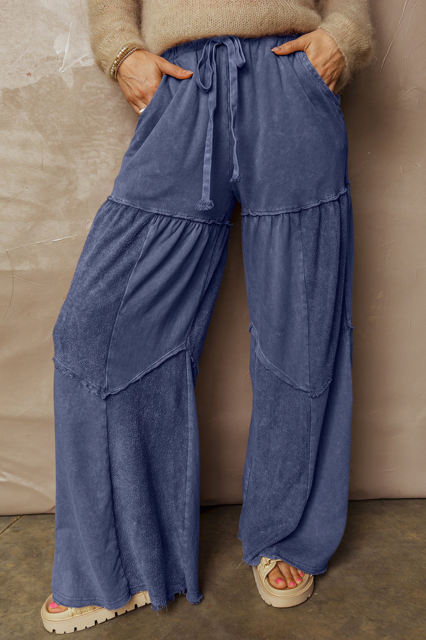 Women's Black Mineral Wash Wide Leg Patchwork Pants