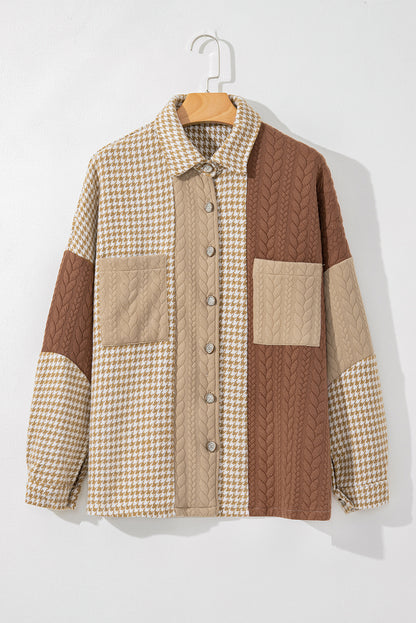 Khaki Houndstooth Color Contrast Textured Patchwork Shacket