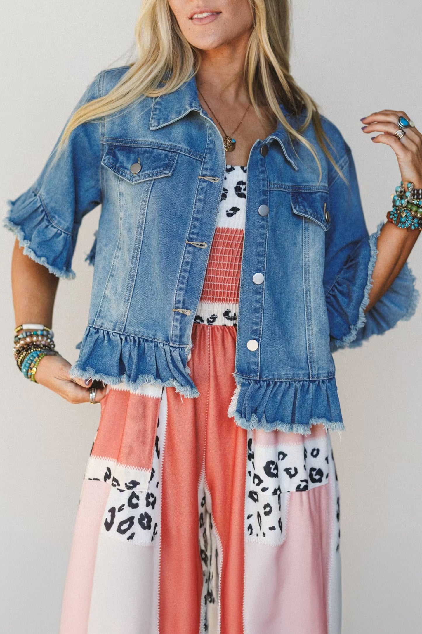 Ruffle Trim Raw Hem Half Sleeve Cropped Denim Jacket