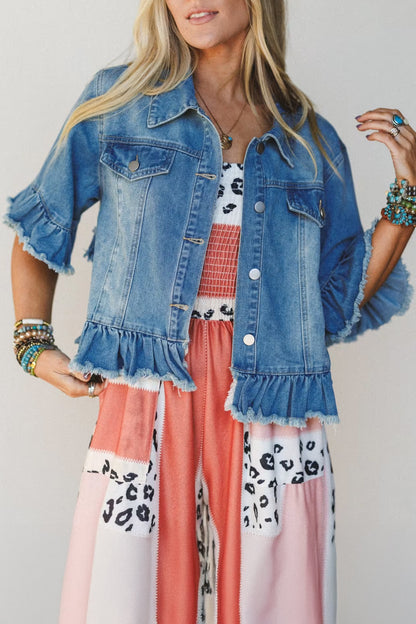 Ruffle Trim Raw Hem Half Sleeve Cropped Denim Jacket