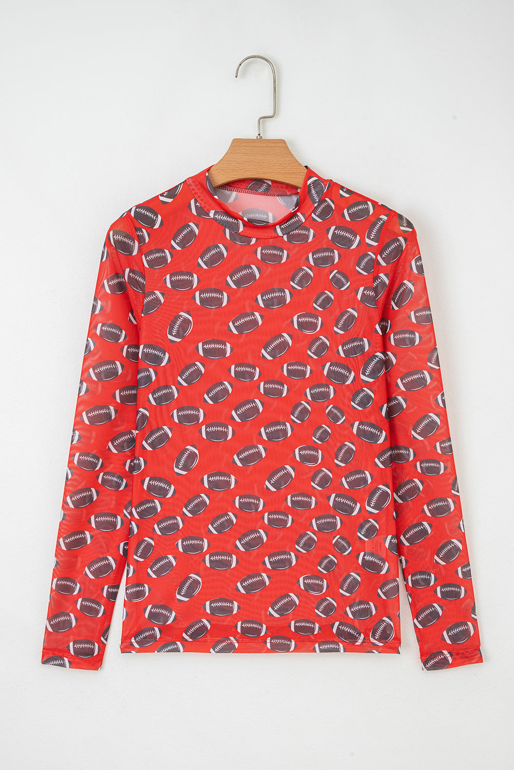 Football Print Mesh Mock Neck Game Day Long Sleeve Top