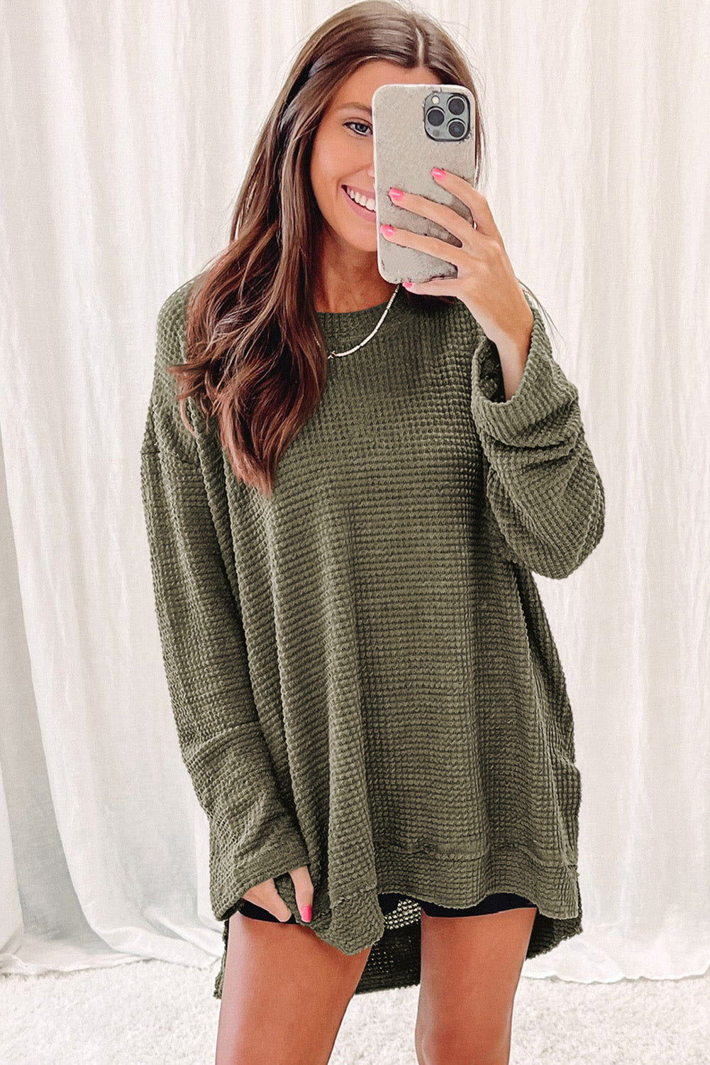 Black Waffle Knit Oversized Top with Side Slits