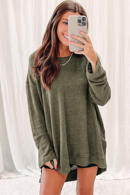 Black Waffle Knit Oversized Top with Side Slits