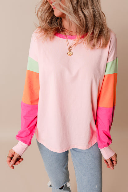 Green Colorblock Patchwork Long Sleeve Loose Top