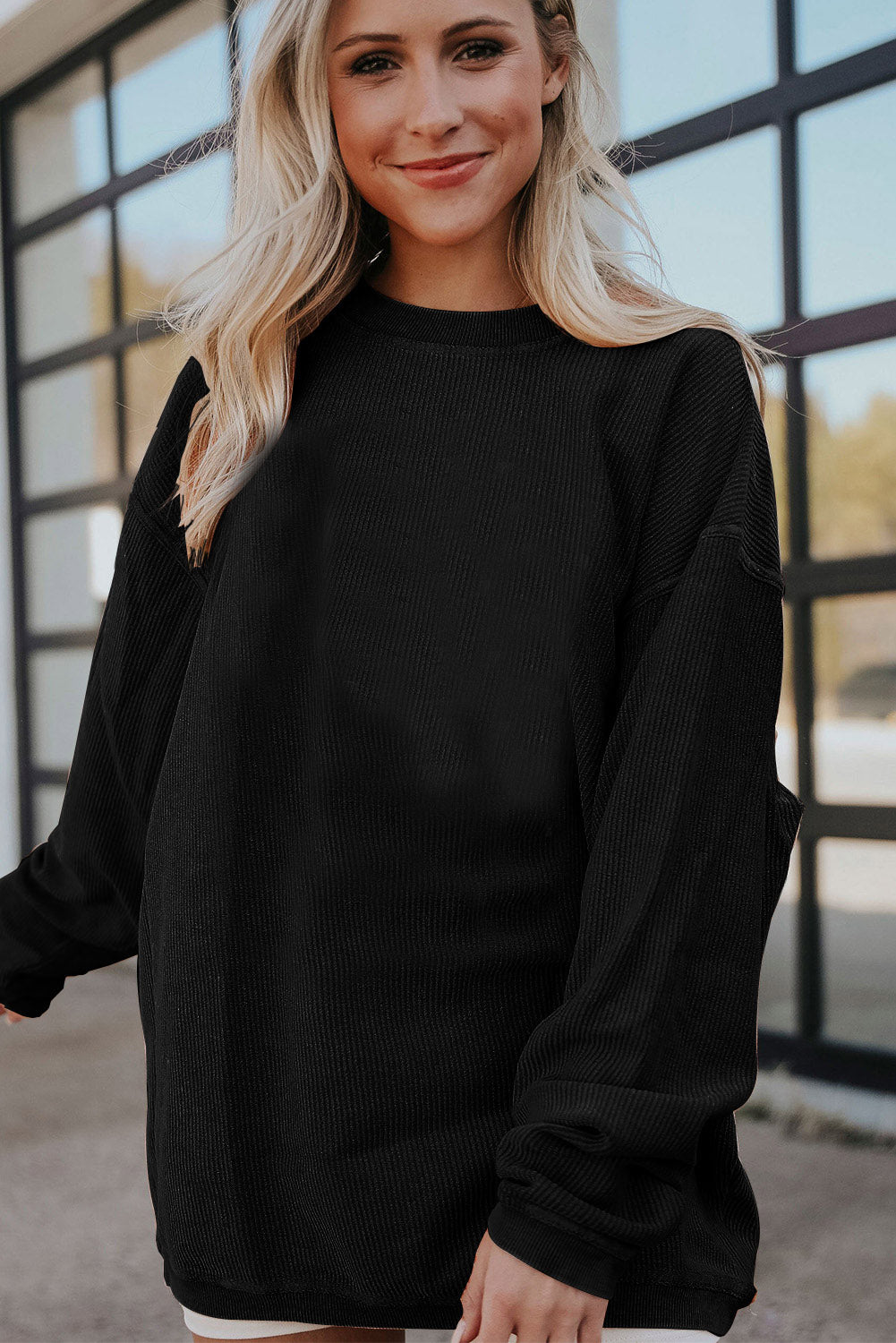 Black Ribbed Corduroy Oversized Pullover Sweatshirt
