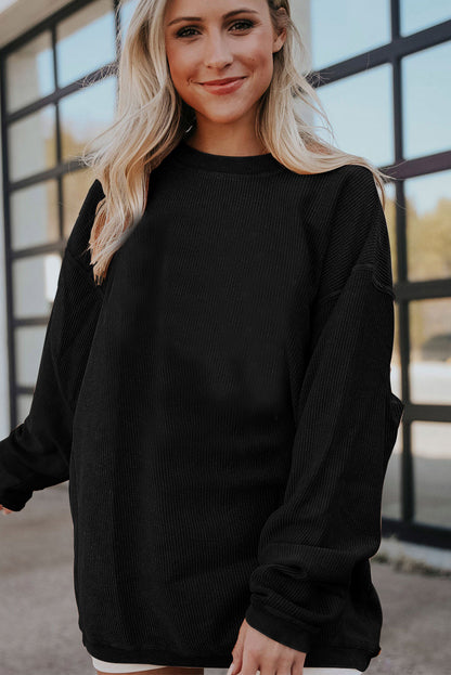 Black Ribbed Corduroy Oversized Pullover Sweatshirt