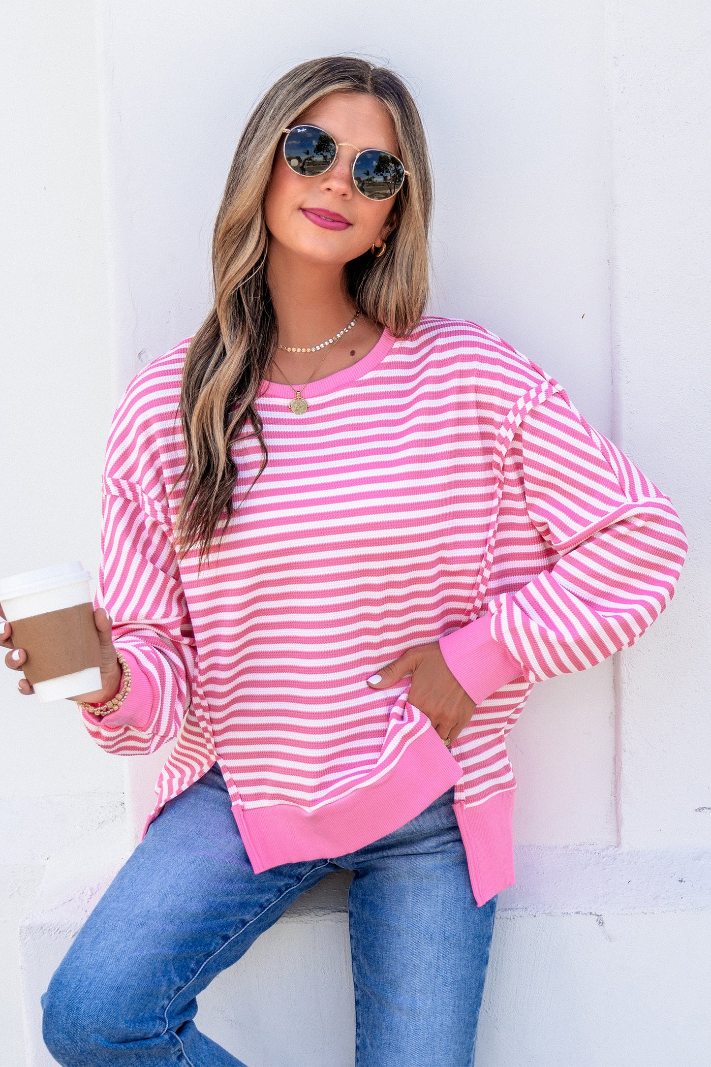 Khaki Stripe Textured Knit Color Block Trim Split Hem Long Sleeve Top