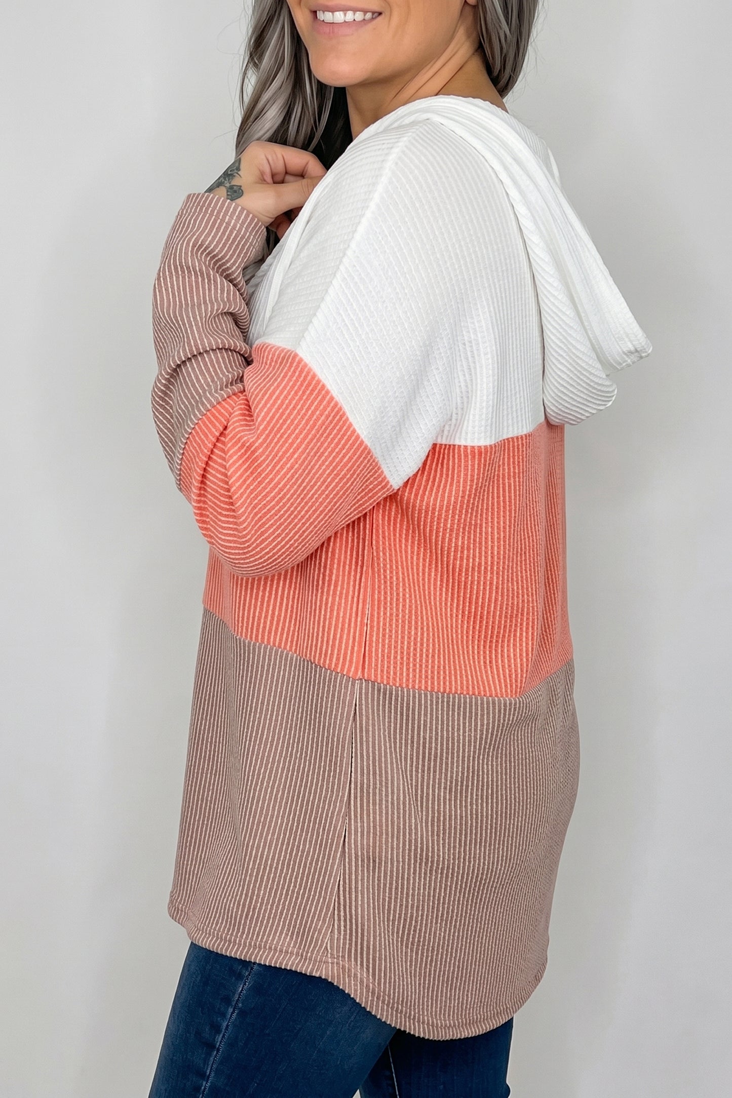 Gold Flame Ribbed Color Block Hooded Long Sleeve Casual Top