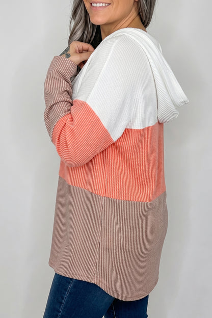 Gold Flame Ribbed Color Block Hooded Long Sleeve Casual Top