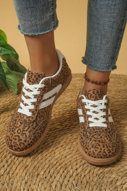 Leopard Print Shimmer Lace Up Sneakers PU Leather Shoes
