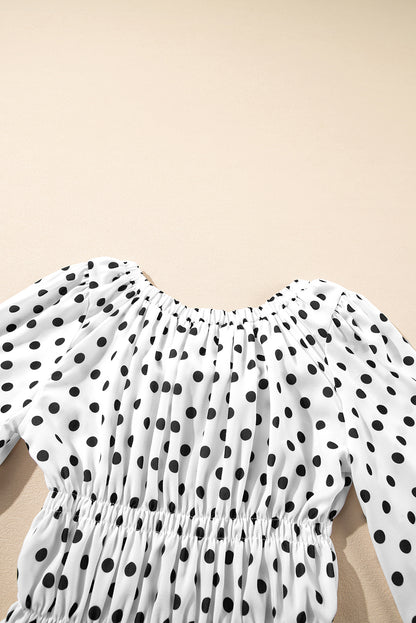 Polka Dot Puff Sleeve Bow Square Neck Peplum Top