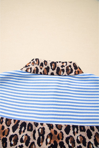 Black Striped Leopard Print Patchwork Button Up Womens Shirt