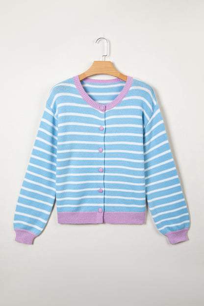 Sky Blue Pastel Stripe Button Knit Cardigan Sweater Top