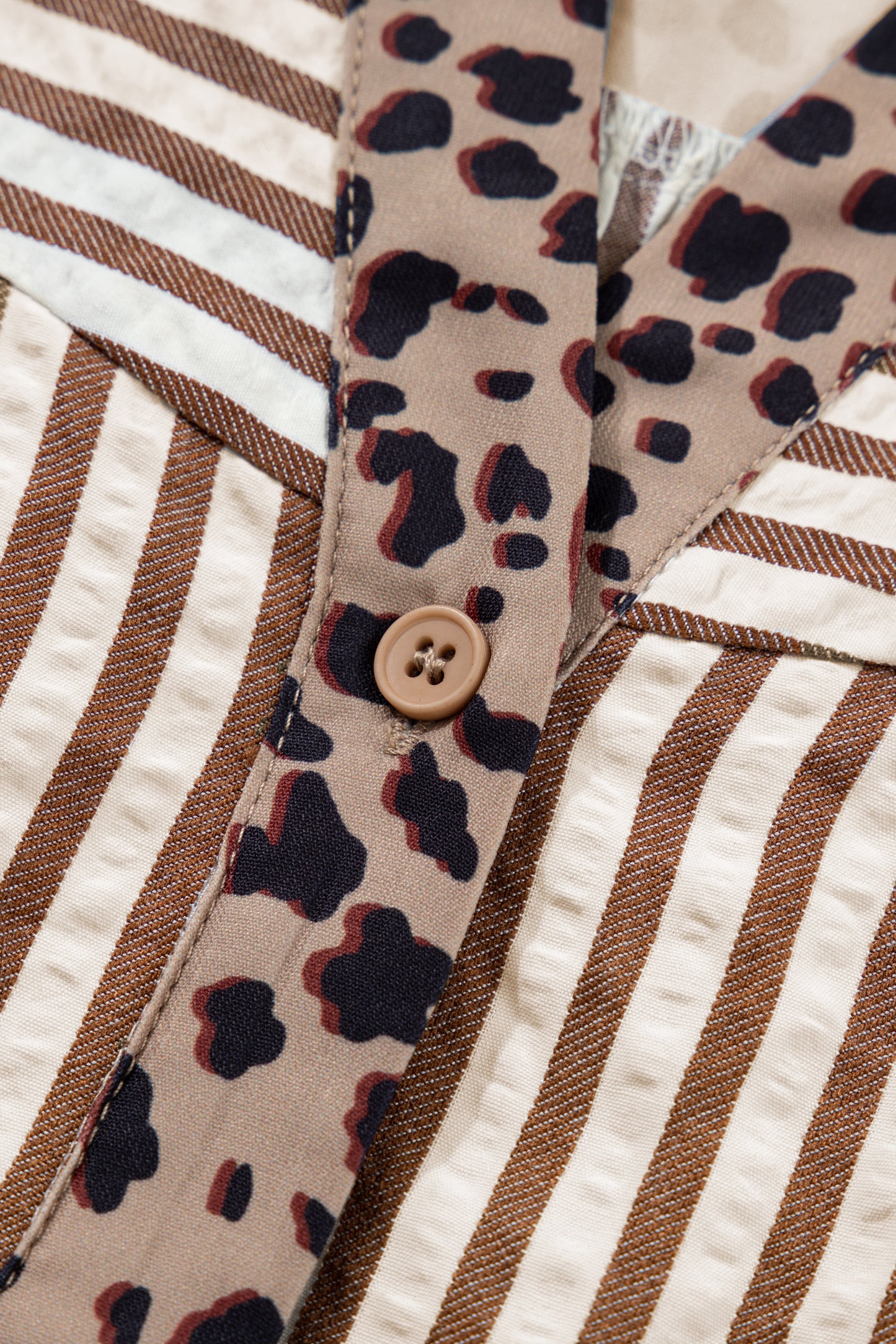 Brown Stripe V Neck Button Down Top with Leopard Trim Detail