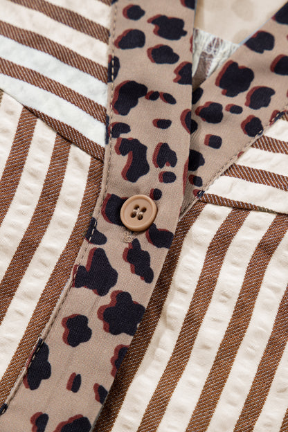 Brown Stripe V Neck Button Down Top with Leopard Trim Detail