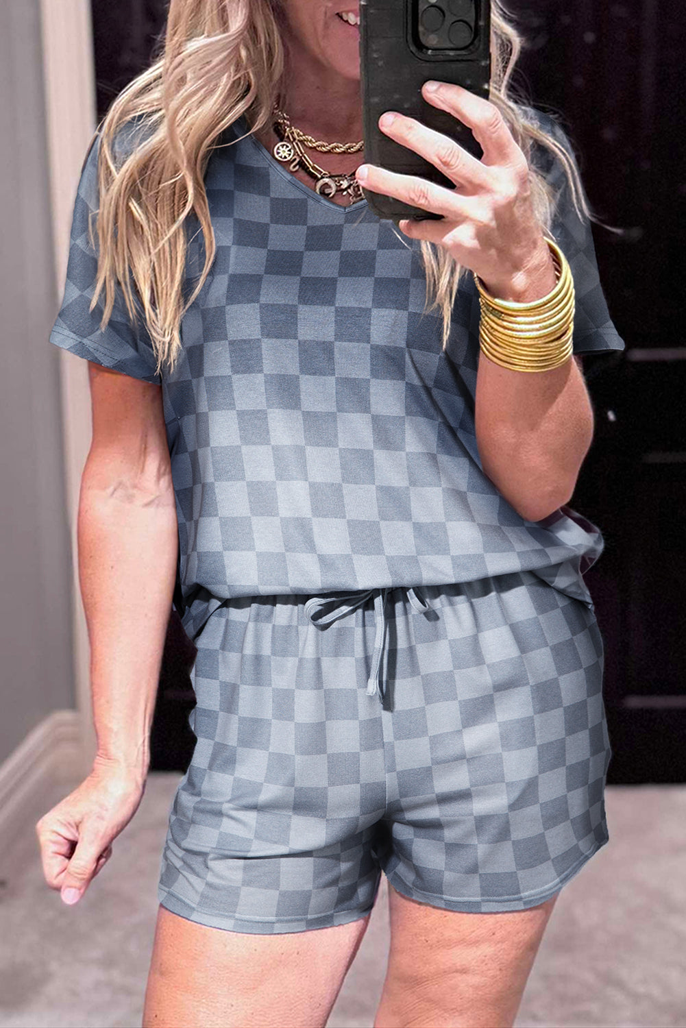 Beige Checkered Lounge Set V Neck Tee Shorts