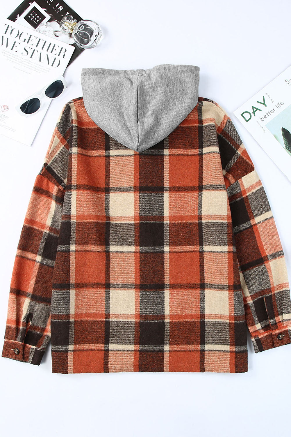 Green Hooded Plaid Button Front Shacket