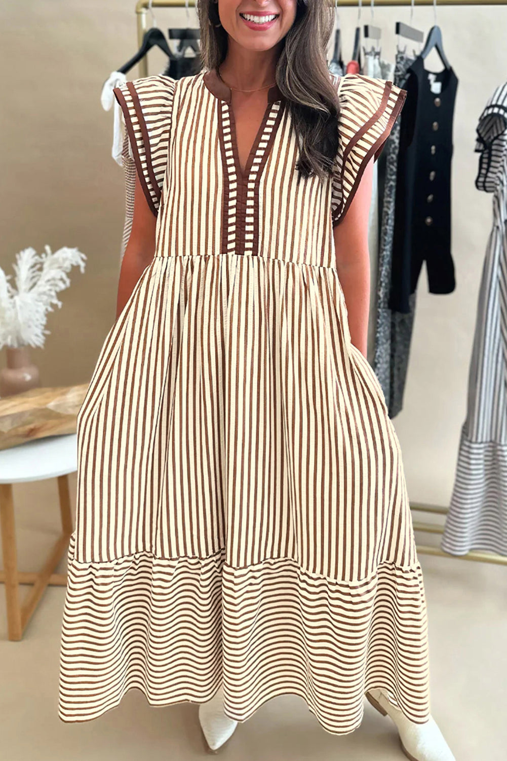Black Stripe Ruffle Sleeve Contrast Trim V Neck Midi Dress