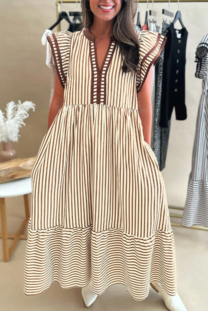 Black Stripe Ruffle Sleeve Contrast Trim V Neck Midi Dress
