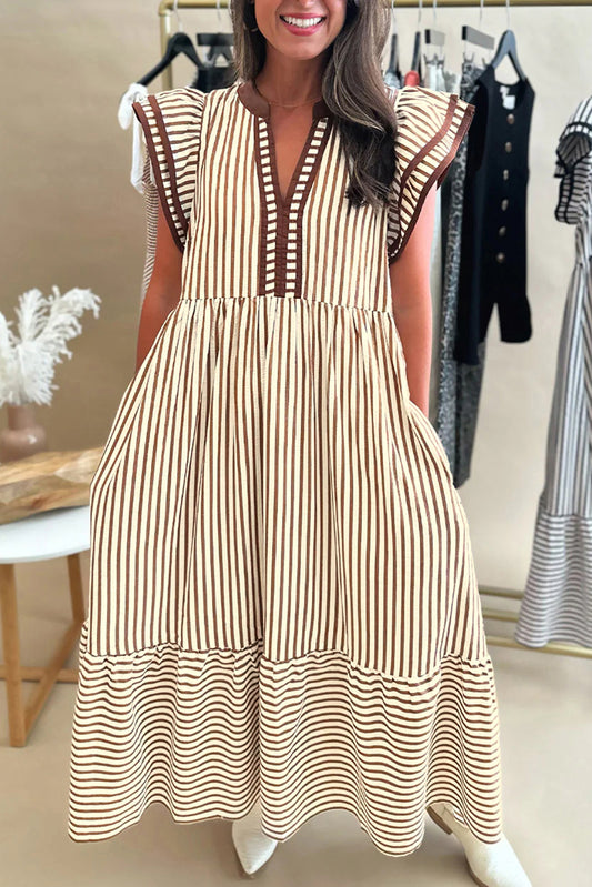 Black Stripe Ruffle Sleeve Contrast Trim V Neck Midi Dress