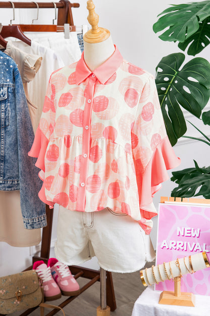 Abstract Dot Print Babydoll Top Women Ruffle Sleeve