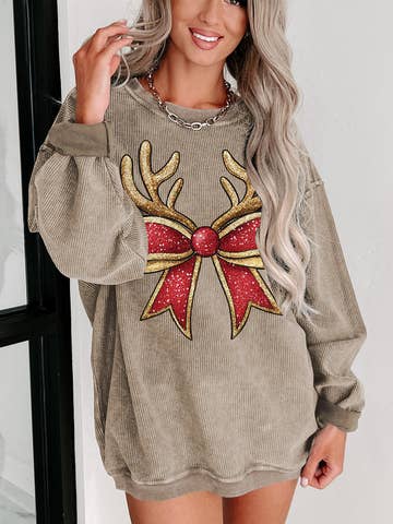 Christmas Reindeer Bow Graphic Corded Knit Sweatshirt