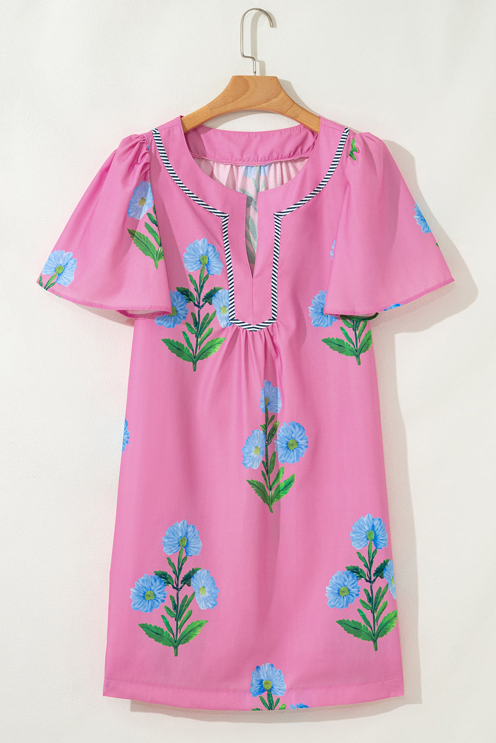 Easter Floral Split Neck Short Sleeve Mini Dress