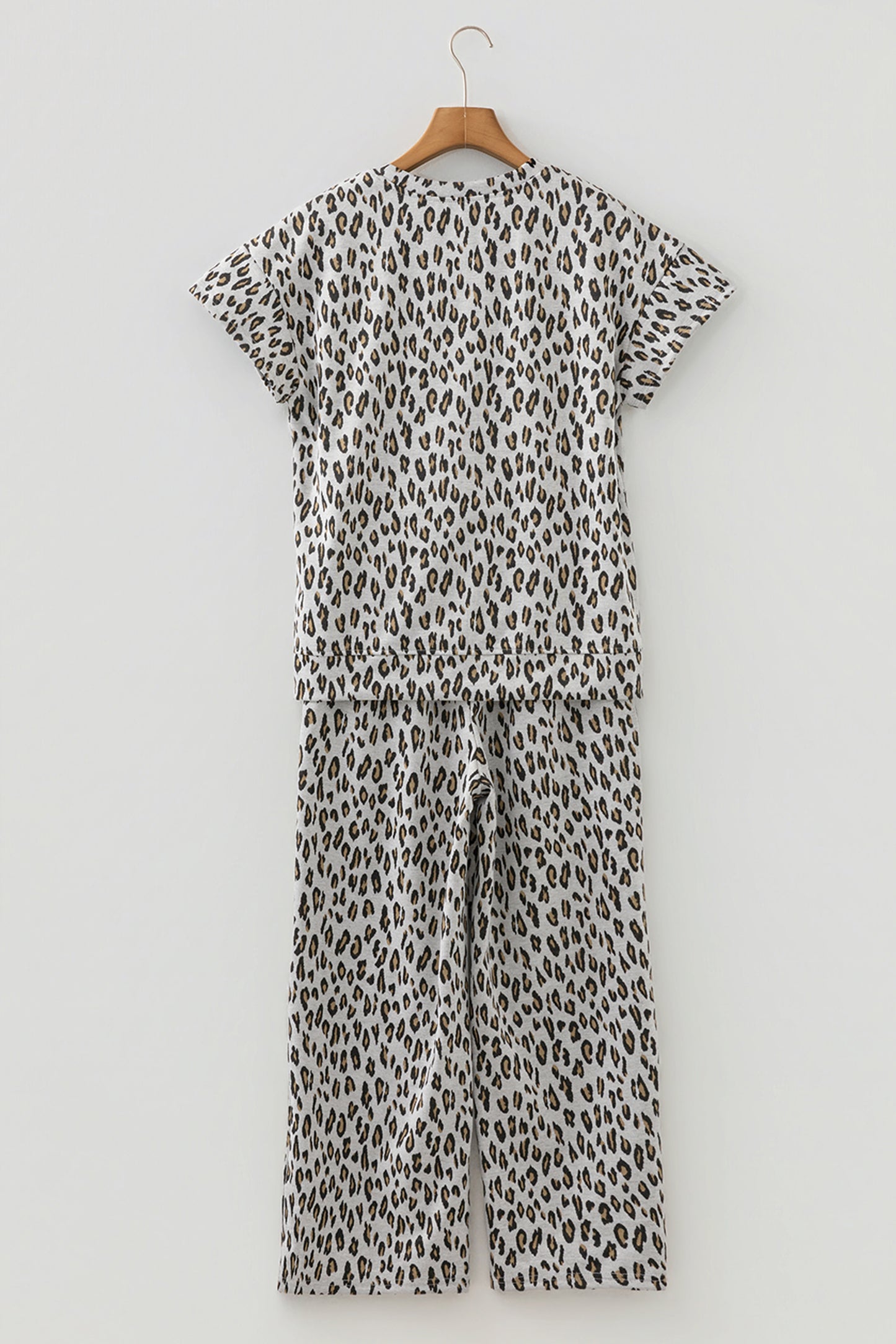 Beige Leopard Print Short Sleeve Top and Wide Leg Pants Set