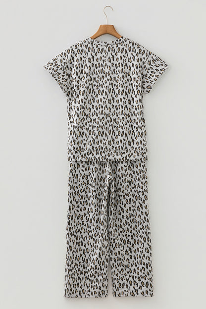 Beige Leopard Print Short Sleeve Top and Wide Leg Pants Set